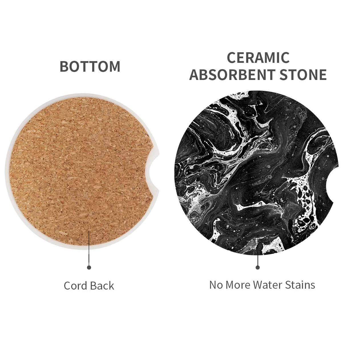 Britimes Absorbent Car Coasters 2 Pack For Cup Holders, 2.56'' Ceramic Stone & Non-Scratch Cork Base Drink Coasters Black Marble